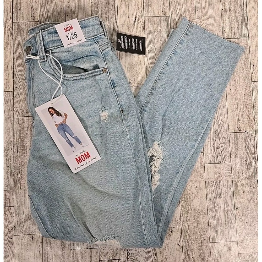 Celebrity Pink Mom Jeans 1/25 High Rise Destructed Light Wash Juniors NEW